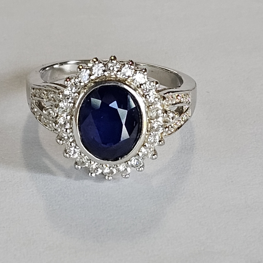 Genuine Tanzanian Blue Spinel and White Zircon Halo Ring in Platinum/925 Sz7 - Picture 2 of 8